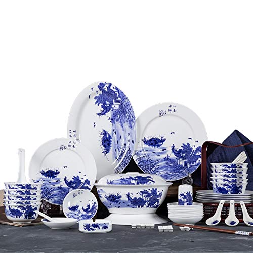 MMFXUE Vajilla de 56 Piezas Jiangnan Water Village Vajilla de cerámica Vajilla de Porcelana con Cuencos, Platos de Cena, Platos de Postre y Platos de Cena hondos Cover