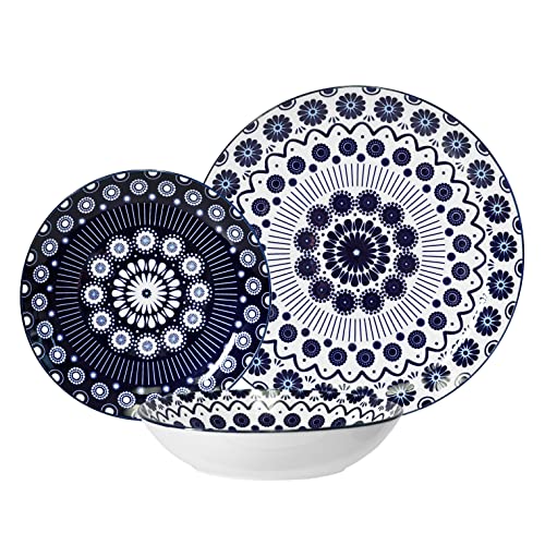 12 Pieces Dinnerware Set, Stoneware, Plates And Bowls Sets, Service For 4, Porcelain, Decorated Mod Dot Blue, Microwave Dishwasher Safe, Chip Resistant, For Everyday Casual Kitchen And Formal Dinner #TOP2