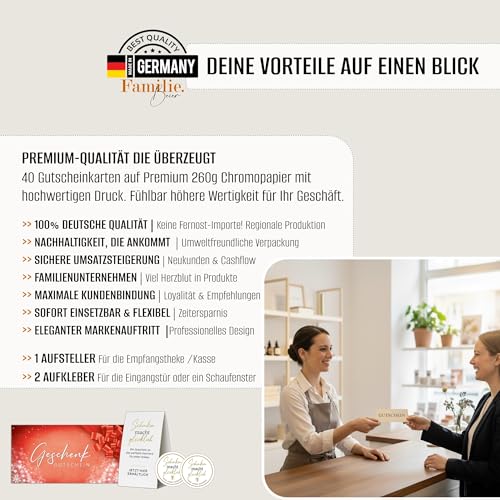 Eummel 40 Blanko Gutscheine zu Weihnachten zum selber Ausfüllen für alle Geschäfte | Inklusiv Aufsteller und Aufkleber | Premium Druck | Gutscheinkarten Geschenkgutscheine