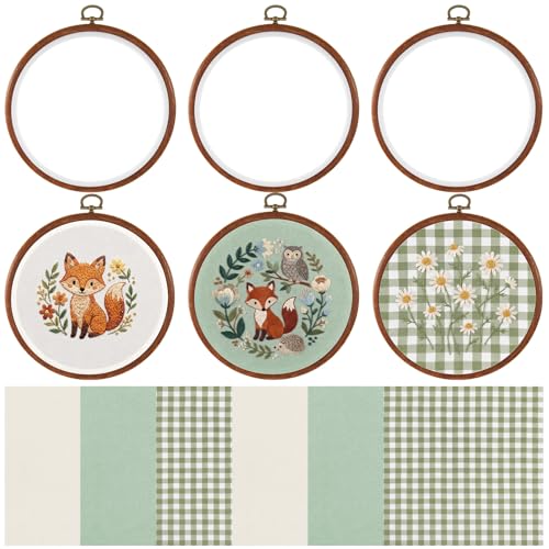 Tudomro 12 Pcs Decorative Embroidery Hoop with Fabric Set 6.7 Round Imitated Wood Cross Stitch Frame & 11.8 Green Pre-Cut Cloth Squares for Beginner DIY Art Craft Sewing Hanging Ornament