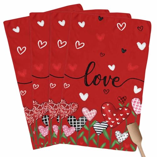 Image of Valentines Kitchen Towels Love Heart Flower Hand Towels Black Red Valentines Day Dish Towel Soft Absorbent Quick Drying 4 Pack Dish Cloths 18x28 Inch Anniversary Wedding Decoration