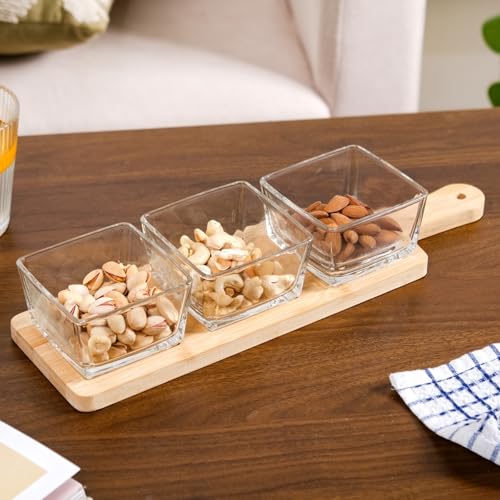Image of Nestasia Square Glass Bowls Set of 3 (250 ml Each) with Wooden Tray | Transparent Katori for Dessert & Ice Cream, Snacks & Dry Fruits Serving Set for Dining Table, Home & Kitchen - Perfect for Gifting