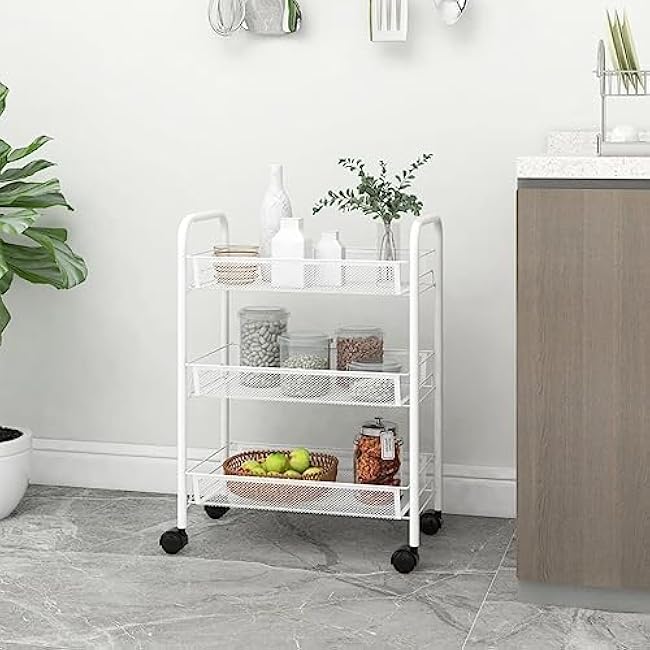 3-Tier Kitchen Storage Trolley, White Iron Utility Cart with Wheels, 18.1x10.2x25.2 Rolling Serving Food Organizer for Home-X7OtzmHf