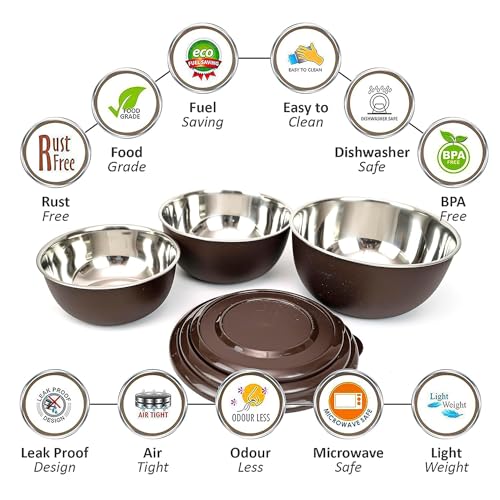 Image of Microwave Safe Stainless Steel Mixing Bowl Set with Lids - Set of 3 (500ml, 800ml, 1250ml) - Euro Style Food Storage Containers - Multipurpose Kitchen Bowls (3 Classic Dark Brown)