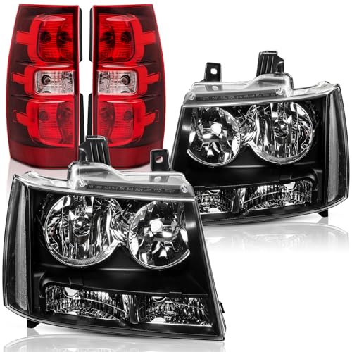 SAFAUTOPARTS Headlights and Taillights Assembly Combo kit for 2007-2014 Chevy Tahoe Suburban Replacement Black Housing Head/OE Factory Style Rear Brake Tail Lights Lamps (LH RH Set)