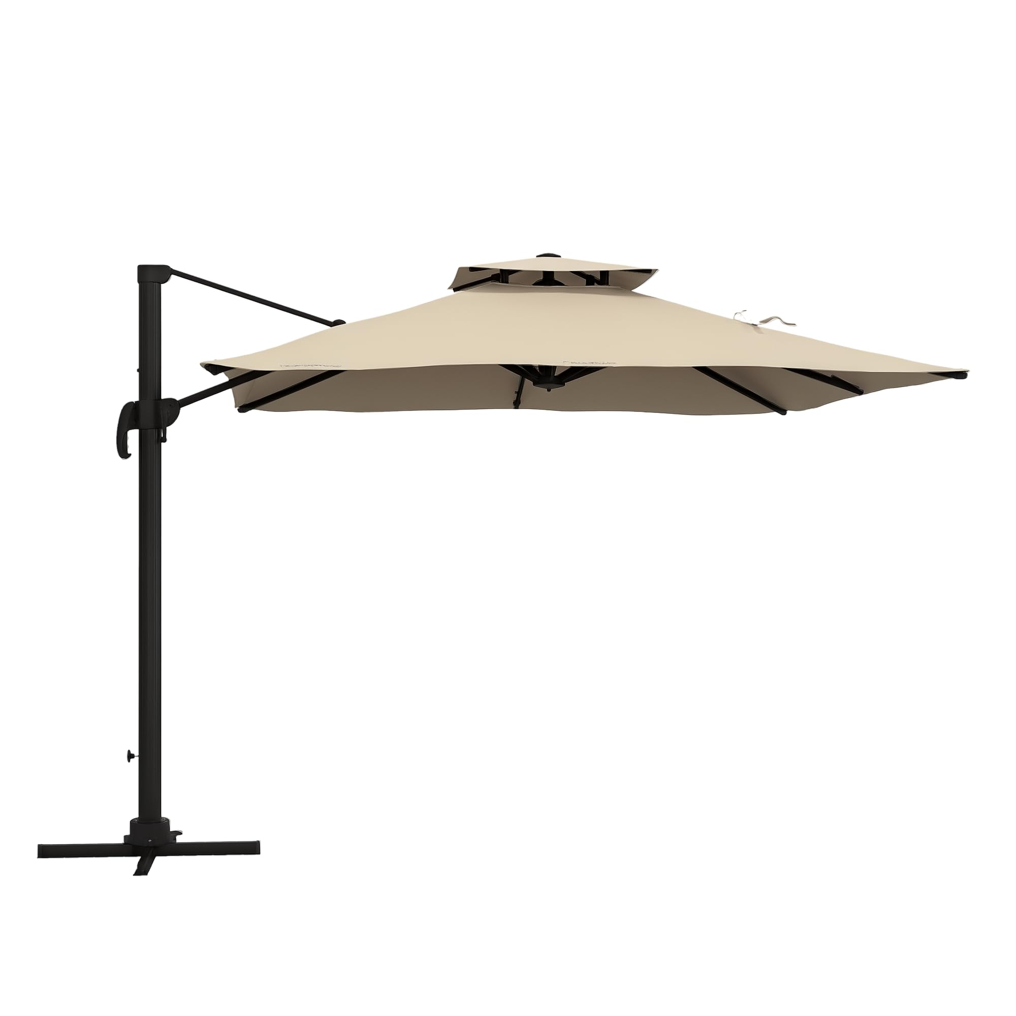 Outsunny Sombrilla de Terraza Exterior 300x300 cm de Aluminio Caqui | Con Manivela, Poste Giratorio 360°, Doble Techo, Inclinable en 6 Posiciones, Base Cruzada Incluida