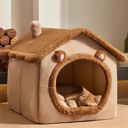 猫の巣、冬の保温、閉鎖式猫の家、別荘、小型犬小屋、四季通用、取り外し可能な猫の家、犬小屋、猫ベッド、冬、猫ベッド、暖かい、犬小屋、室内、取り外し可能、ペット用品、防寒。 (コーヒー色,S)