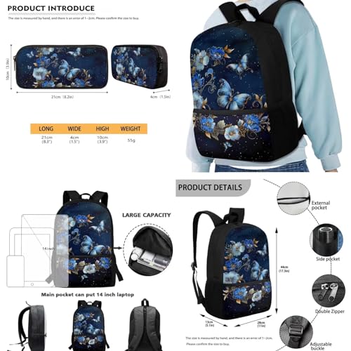 Lotusorchid Butterfly School Backpack Set for Kids 8-12, Floral Kids Students Bookbag with Zipper Pocket, School Bag with Lunch Bag Pencil Case, Kids 3 Pack Students Knapsack Set for School, Blue3