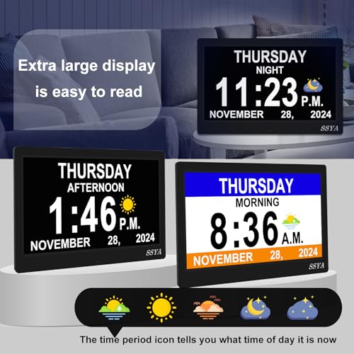 Image of SSYA Dementia Clock for Seniors, Digital Clock with Date and Day of Week, Auto DST, Non-Abbreviated Large Calendar Alarm Clocks (Black)