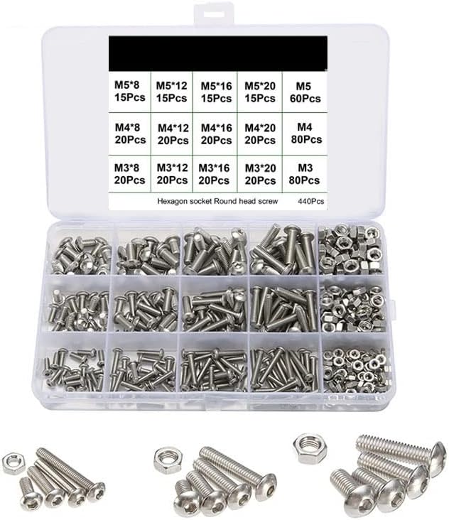 DLLTEC Cqinlu-Hex Bolts 440Pcs Hex Socke Screw Nuts Suit Set M3 M4 M5 304 Stainless Steel Round Flat Cap Head Allen Bolt Assortment Kit with Box, Excellent Corrosion Resistance (Color : Cup Head)
