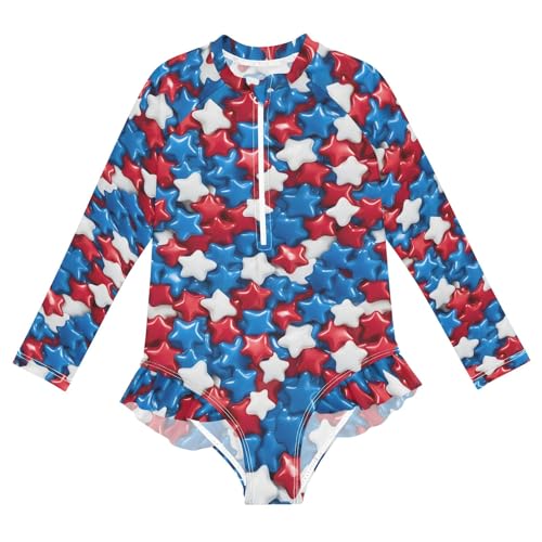 Independence Day Star Pattern Girls One Piece Rash Guard Swimsuit, Girls Long Sleeve Swimwear for 3-12Y