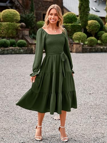 Image of Simplee Womens Long Sleeve Maxi Dress Casual Square Neck Smocked Flowy Fall Wedding Guest Dresses