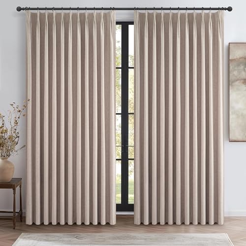 Image of Extra Wide Thick Burlap Blackout Patio Door Curtains for Sliding Glass Door 2 Panels Set, Farmhouse Boho Pinch Pleated Flax Linen Blend Energy Efficient Bedroom Window Large Drapes (70 inchWx84 inchL)
