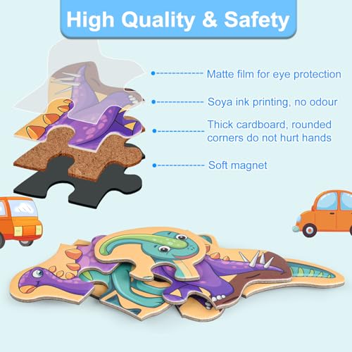 Image of ASTARON Magnetic Puzzles 60 Pieces Dinosaur Kids Educational Travel Toys | Folding puzzle, includes 3 bubble stickers, puzzle pieces with words, learn while playing, easy to store, educational toy