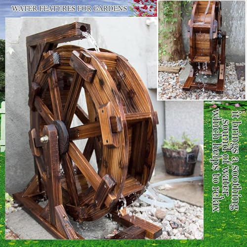 Rustykalna drewniana fontanna z kołem wodnym na świeżym powietrzu, naturalna dekoracja stawu kaskadowego do ogrodu, na patio, spinningowy ornament