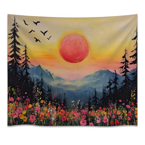Vintage Boho Spring Wildflower Art Tapestry Colorful Vibrant Nature Aesthetic Tapestries Abstract Sunset Forest Print Wall Hanging for Bedroom Living Room Dorm Gallery Wall Decor white30x40inch