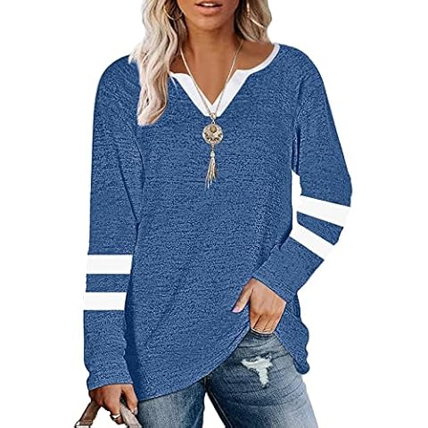 DUTUT Womens Tops Long Sleeve Shirt V Neck Color Block Striped T-Shirts Tunic Casual Blouses Loose Fit Sweatshirt(Navy Blue, Large) Cover