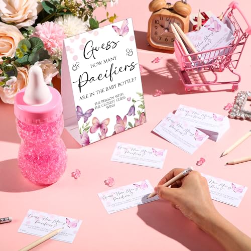 Image of Roowest 512 Pcs Baby Shower Games Guess How Many Pacifiers Sign 100 Small Guessing Games 10 HB Pencils 750ml Milk Bottle 400 Acrylic Pacifiers Decoration for Guest Gender Reveal(Pink,Butterfly)