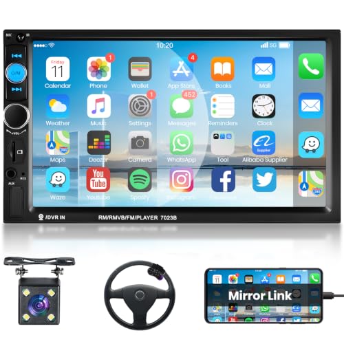 Podofo Radio Coche 2 DIN con Pantalla 7'' Mirror Link para iOS/Android Bluetooth Manos Libres Radio FM USB Volante Control 7 Color Botón AUX IN Cámara de Visión Trasera