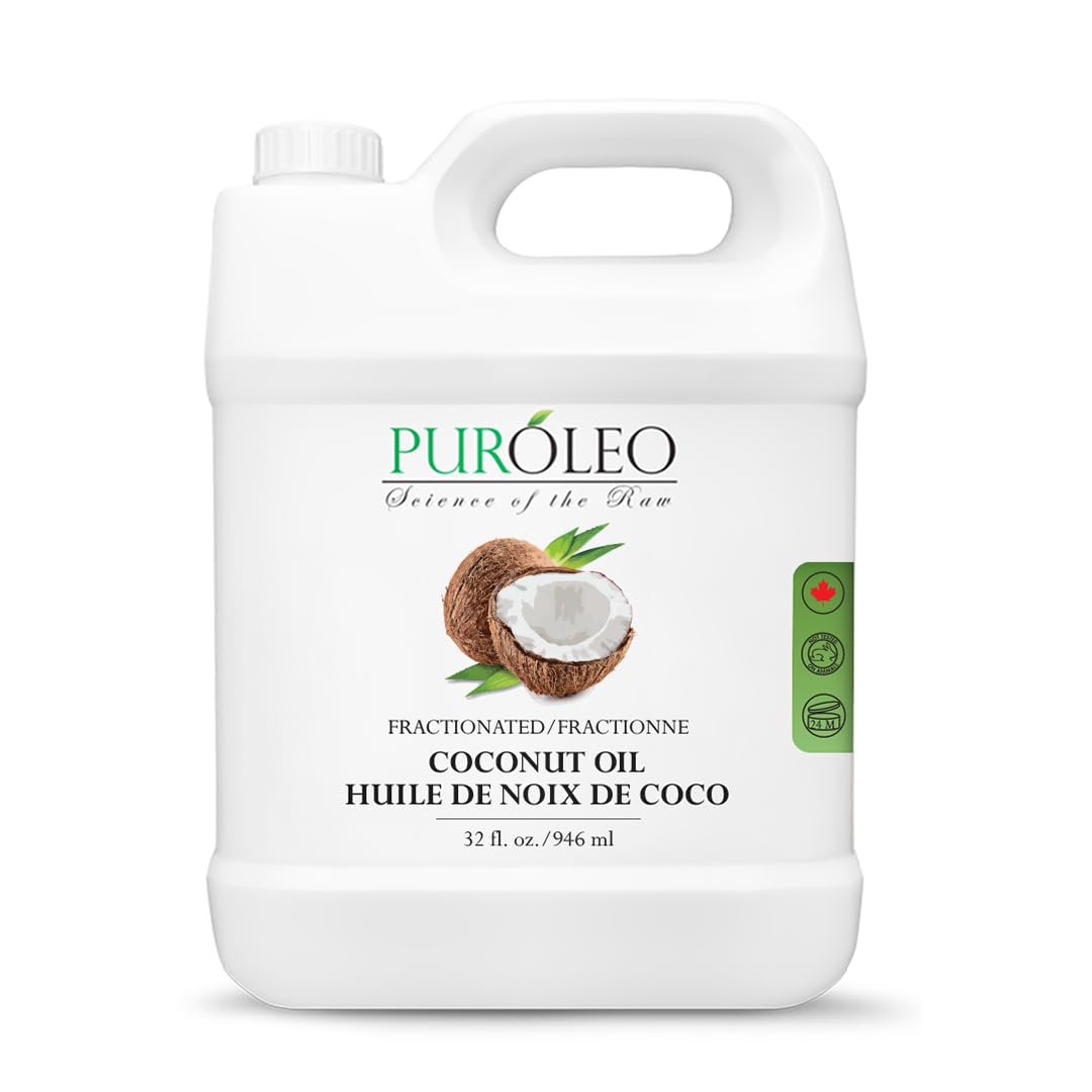 PURÓLEO Olio di cocco frazionato 100% naturale e inodore, 946 ml (prodotto in Canada) | Olio idratante e vettore | Corpo della pelle dei capelli, aromaterapia, massaggio, struccante..