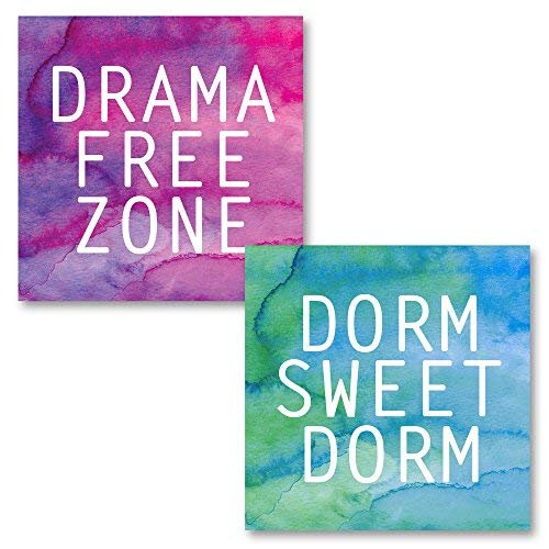 Leoner22art Sagebrush Fine Art Watercolor Style Pink, Purple, Blue and Green Drama Free Zone and Dorm Sweet Dorm Set, Two 8x10 inches Unframed Canvas Art Printed