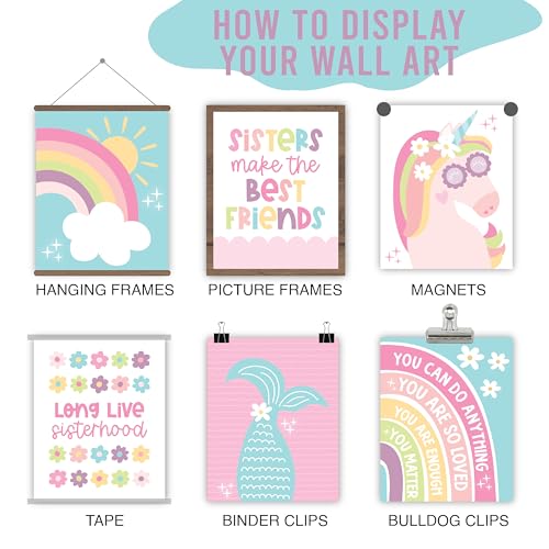 Image of Hadley Designs 6 Colorful Girls Room Wall Art - Mermaid Girls Room Decor for Bedroom, Aesthetic Nursery or Teen Bedroom Art, Unframed Cute Rainbow & Unicorn Posters for Kids' Space, Made in USA