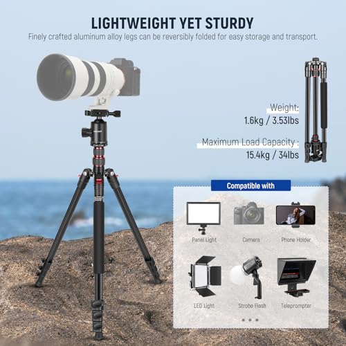 Image of NEEWER 77 inch Camera Tripod Monopod with Cell Phone Holder Compatible with iPhone for Video Recording, Compact Aluminum Travel Stand with Ball Head QR Plate Bag Cleaning Cloth, Max Load 34lb, TP77