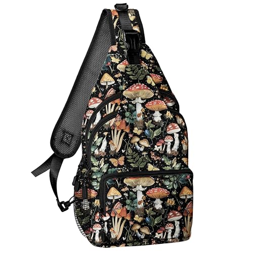 xiaotcq Mushroom Black Sling Bag for Women Men Sling Backpack Chest Daypack Crossbody Bag for Travel Outdoor Hiking