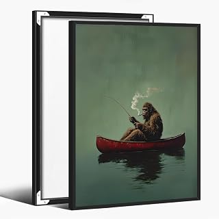 Retro Sasquatch Canvas Poster Funny Bigfoot on a Red Canoe Fishing Emerald Green Wall Art Whimsical Lake House Vintage Squatch Print for Rustic Home Cabin Office Decor 16x24inch Black Aluminum Framed