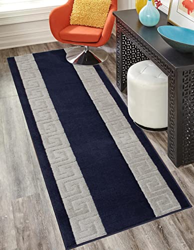 Washable Custom Size Runner Rug Meander Design Navy Blue and Grey, (3 Feet Length x 26 Inch Width) Custom Cut Slip Resistant Rubber Backing Runner Rugs, Extra Long Runner Rugs for Hallways