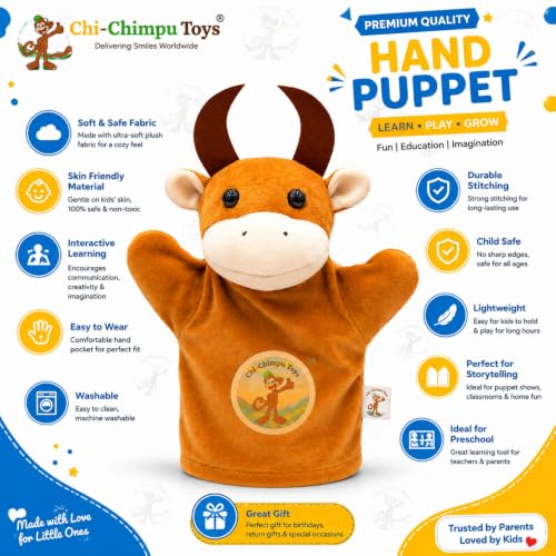 Image of Ox Hand Puppet for Kids | Soft Plush Animal Puppet | Storytelling, Role Play, Preschool Learning Toy | Interactive Educational Puppet for Boys & Girls