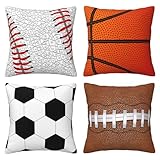 Bshuey Pillow Covers 18x18 Inch Set of 4 Sport Theme, Fun Sport Game Baseball Basketball Throw Pillow Covers Cushion Case Decor for Sofa Couch