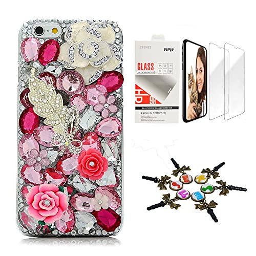 STENES Bling Case Compatible with iPhone 13 Mini Case - Stylish - 3D Handmade [Sparkle Series] White Leaf Camellia Rose Flowers Design Cover with Screen Protector [2 Pack] - Pink