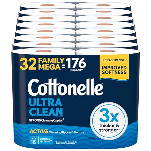 Cottonelle Ultra Clean Toilet Paper with Active CleaningRipples Texture, Strong Bath Tissue, 1-Ply, White, 32 Family Mega Rolls = 176 Regular (8 Packs of 4)