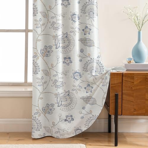 Image of LINENWALAS Printed Blackout Curtains for 7 Feet Door | Set of 2 | Printed Drapes | Thermal Insulated, Room Darkening Panels with Grommet Hanging for Living Room (Slate Blue Garden)