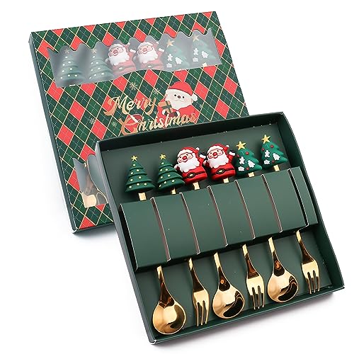 Beleda 6 Pcs Christmas Decoration Spoon Forks Christmas Tree Tea Spoon for Home, Xmas Coffee Spoon Dinner Forks Dessert Spoon Stirring Spoon Ice Cream Spoon Creative Tableware Gift (Green Package, A)