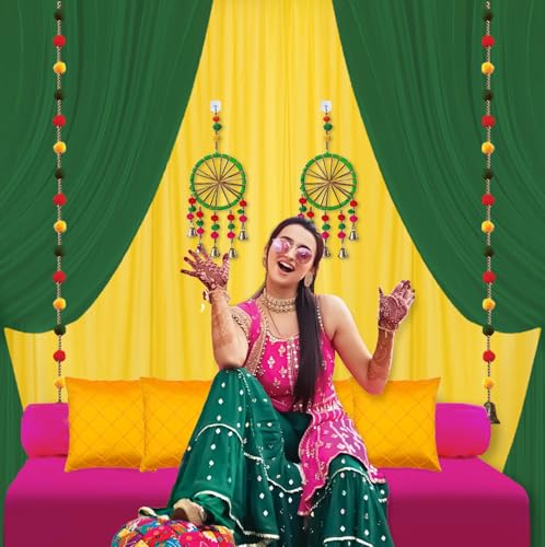 Image of Party Propz Green and Yellow Backdrop Decorations with Pom Pom Hangings - 12Pcs Mehendi Decoration Setup for Home, Haldi Decoration Items for Home, Backdrop Cloth for Decorations Pooja(12Pcs)(Satin)