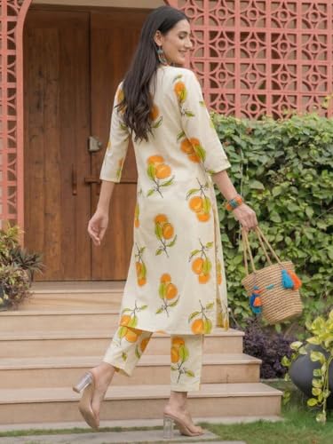 Image of INDO ERA Women Cotton White Printed Straight Kurta Pant Set