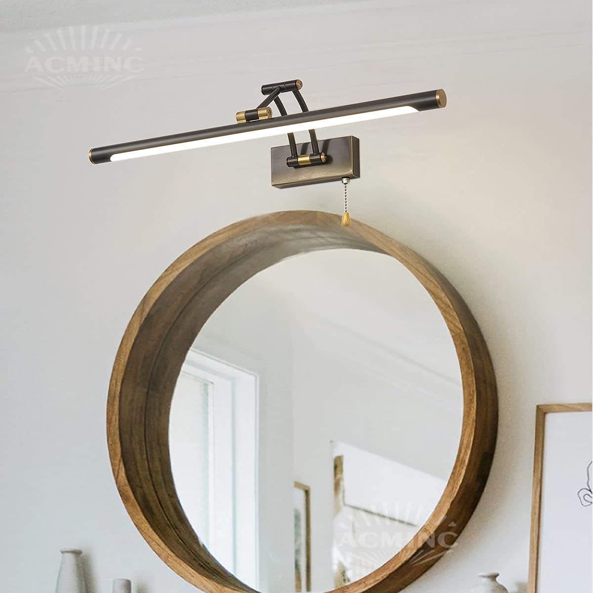 Lampa łazienkowa Vintage Mirror z przełącznikiem pociąganym, 4000K LED Brass Mirror Front Light 3-osiowa regulowana lampa łazienkowa, IP44 lampa ścienna do toaletki, szafka z lustrem kosmetycznym,