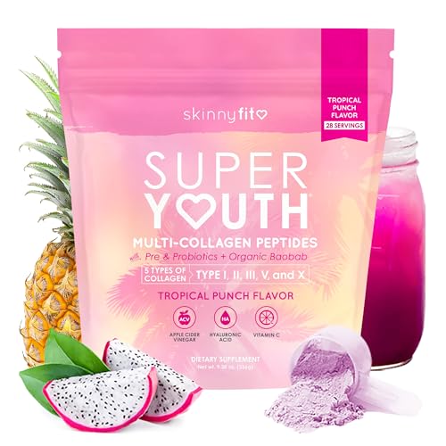 SkinnyFit - Super Youth Collagen for Women - Multi Collagen Peptides Powder - Probiotics Fiber Hyaluronic Acid - Non GMO Gluten Free Sugar Free - Beauty & Self Care - Tropical Punch (28 Servings)