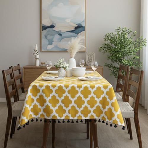 Image of HOMEMONDE Cotton Dining Table Cover 4 Seater 40 X 60 Inch Printed Center Rectangular Table Cloth with Decorative Fringes - (Yellow, 101 X 152 CM)