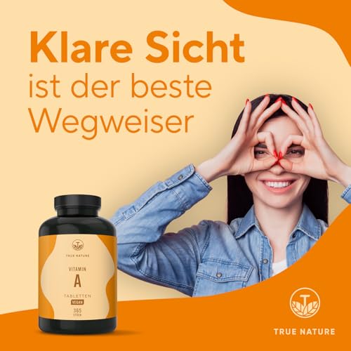 Vitamin A – Retinol hochdosiert (10.000 I.E.) – 365 Tabletten (3.000 µg) – Vit A Kapseln Alternative – Direkt verwertbare Form – Vegan, ohne Zusätze, deutsche Produktion – TRUE NATURE®