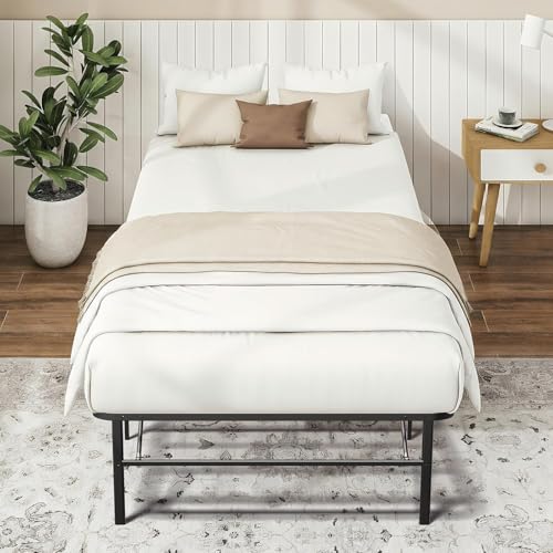 MAKE CHANGES Twin Foldable Bed Frame 14 Inch Metal Platform No Box Spring Needed Tool-Free Assembly Portable Folding Twin Bed Frames for Apartment Guest Room or Dorms