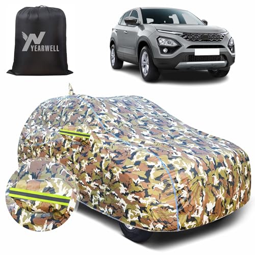 Image of Car Body Cover for Tata Harrier, 100% Waterproof, Heat-Resistant with Mirror & Antenna Pockets, Soft Cotton Lining, Triple Stitched, Green Reflector (Jungle Print)