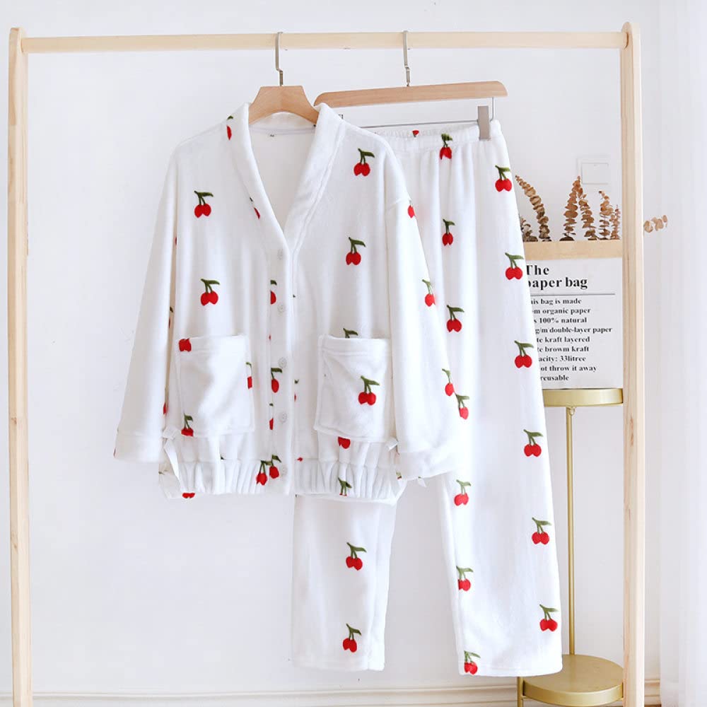 Pyjama Hiver Femme,Pyjama en Molleton Doux pour Femme Motif Cerise Beige Home Wear Lâche Vêtements De Nuit À Manches Longues Ensembles De Vêtements De Nuit Ensemble De Pyjama 2 Pièces pour Femm
