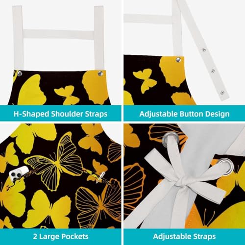 Tablier de cuisine imperméable à motif papillon doré avec 4 broches pratiques