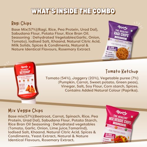 Image of Troovy Healthy Snack & Dip Value pack 3-in-1 | Tasty & High Protein Snacks | 30% Of Protein Needs | No Palm Oil, Cholesterol or Trans Fats | No Junk & Chemicals | Mix Vegetable chips x 1 (70gm) | Ragi Chips x 1 (70gm) | Tomato Ketchup x 1 (340gm)