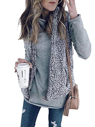 N /C Women's Casual Sleeveless Zip Up Fuzzy Fleece Vests Lightweight Jacket Outwear with Pockets (Black, Large)