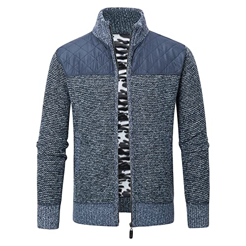 Men Full Zip Casual Knitted Cardigan Slim Color Block Fleece Lined Sweaters Stand Collar Winter Warm Thick Sweater (Blue,Large)