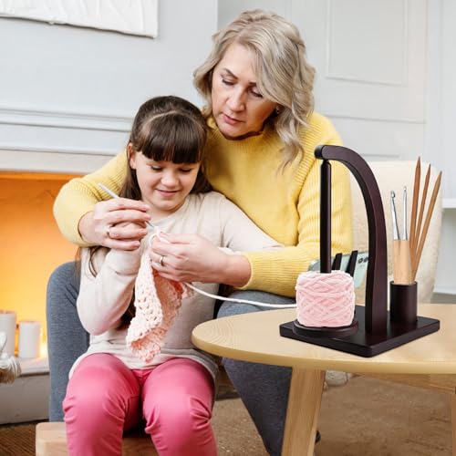 Image of Magnetic Yarn Holder for Knitting and Crocheting, Wooden Yarn Spool Rack with Phone Stand and Crochet Accessories Storage, Anti-Slip Pads, Yarn Ball Holder Spinner for Crocheters Knitting Lovers